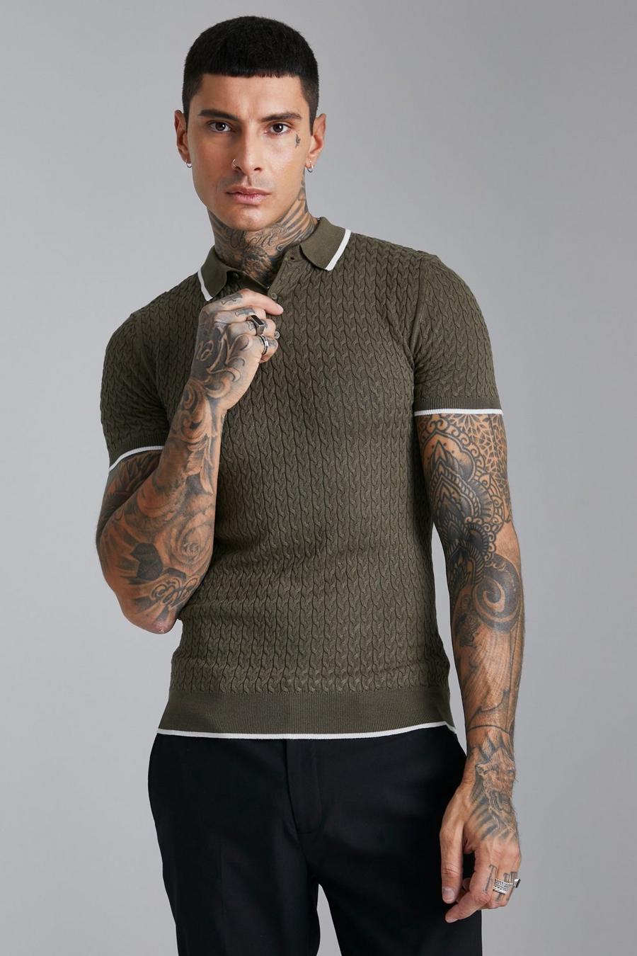 Khaki Muscle Knitted Polo With Tipping image number 1