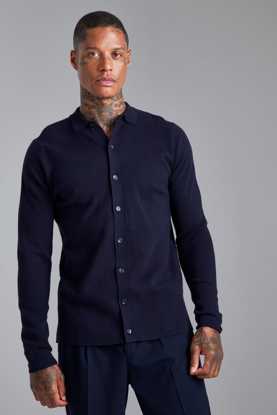 Navy Button Through Knitted Shirt image number 1