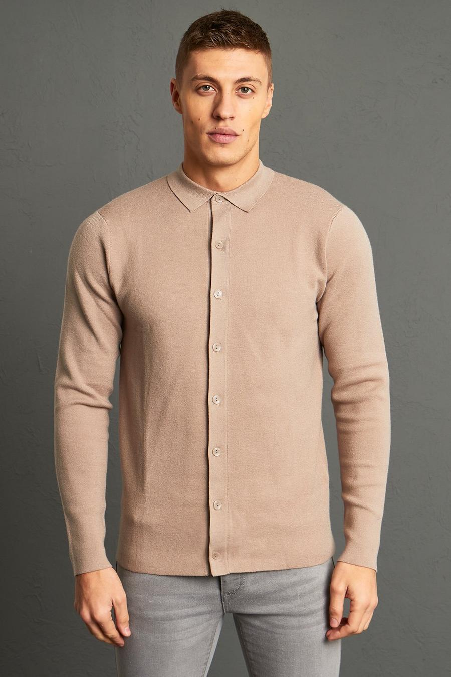 Taupe Button Through Knitted Shirt image number 1