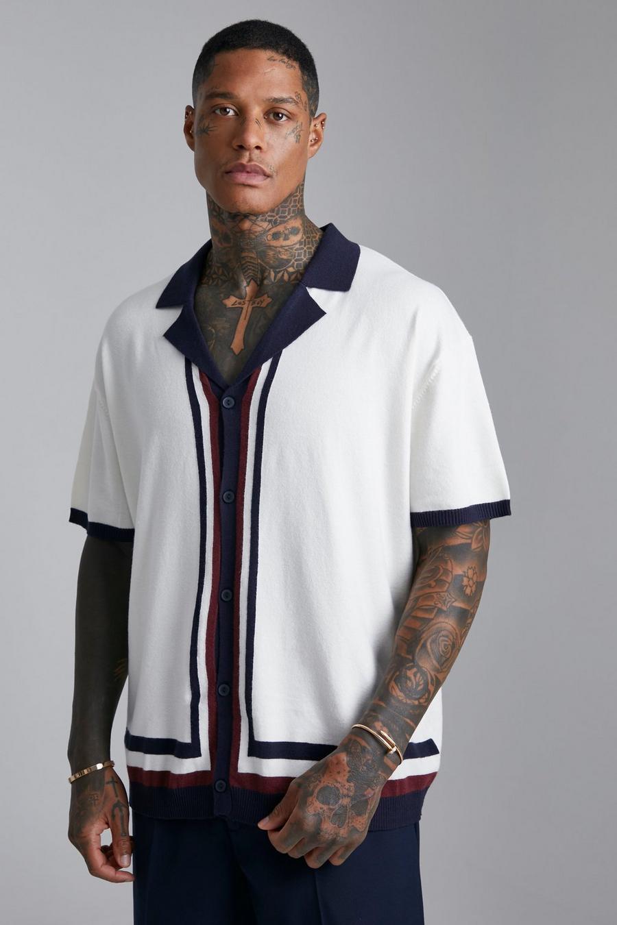 Cream Stripe Revere Collar Knitted Shirt image number 1