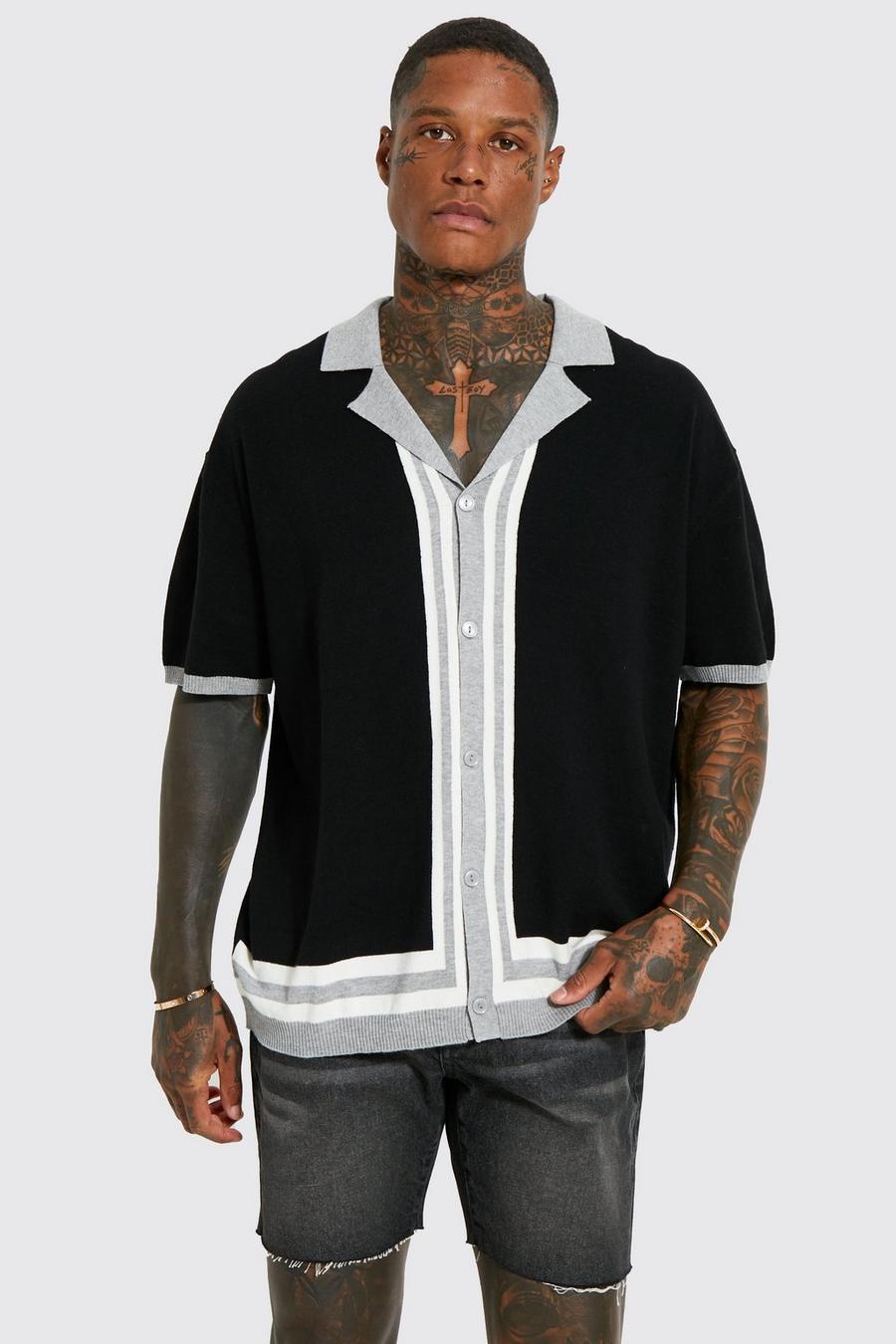 Black Stripe Revere Collar Knitted Shirt image number 1
