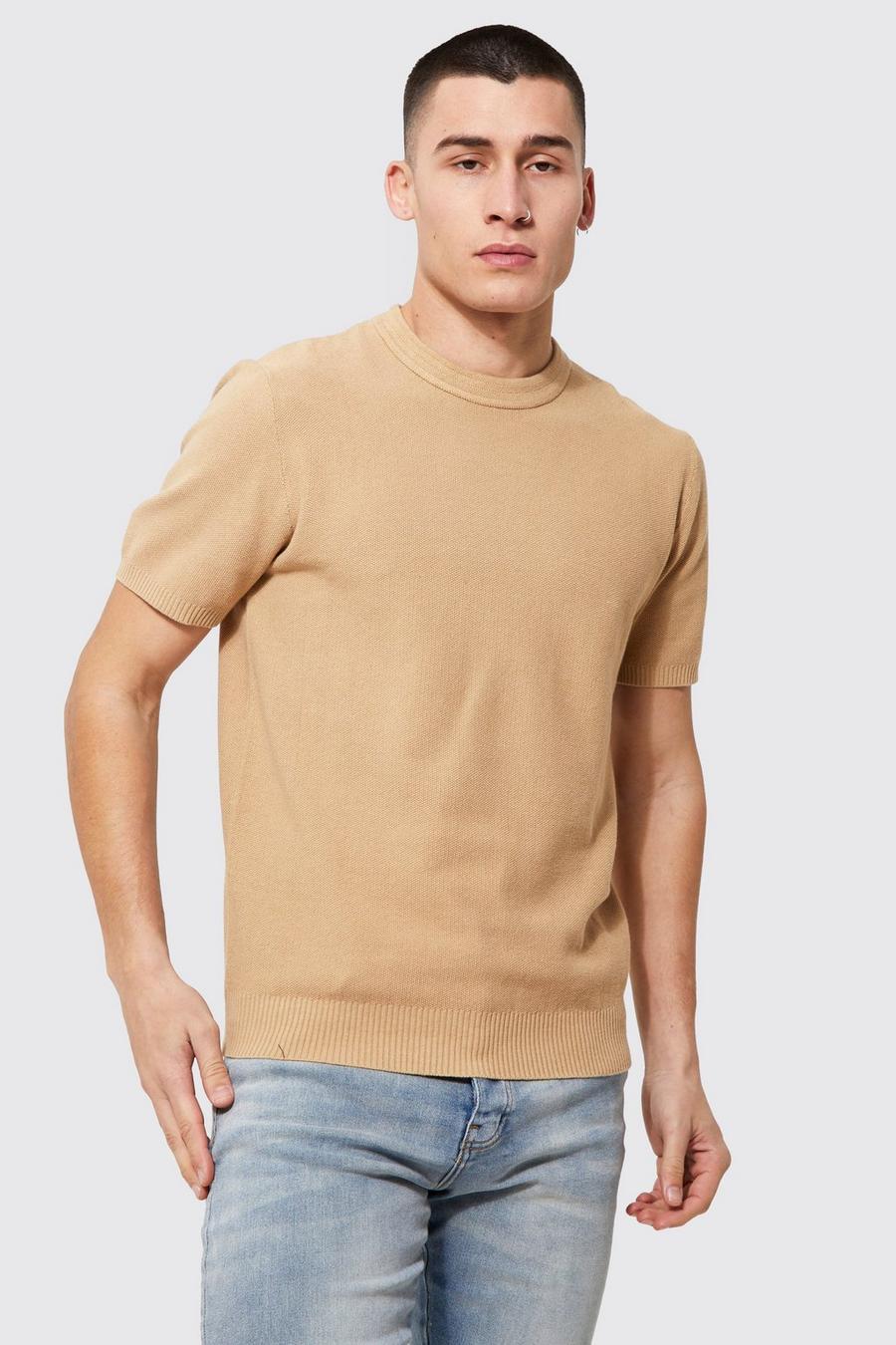 Camel beige Textured Knitted T-Shirt