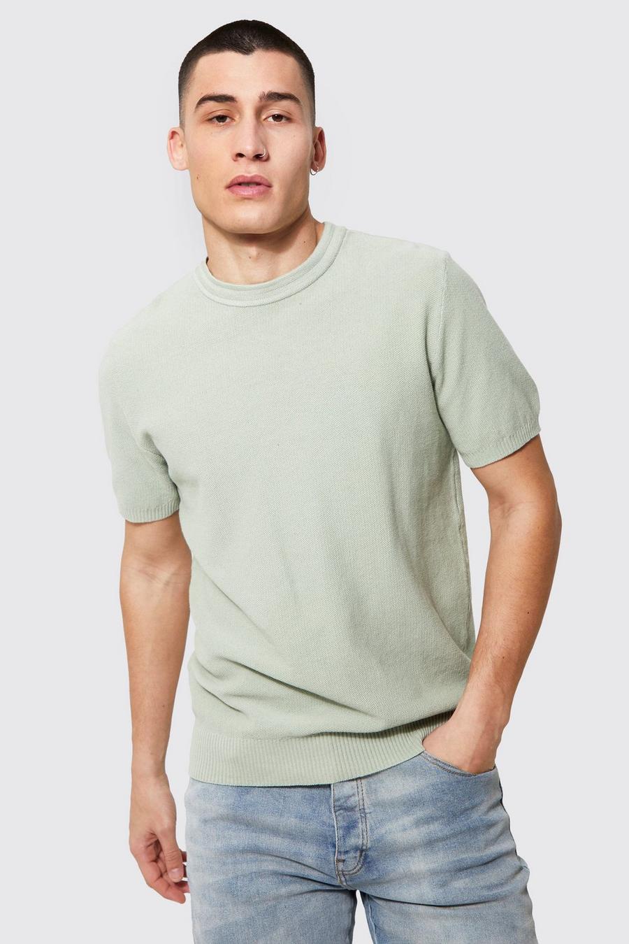 Sage vert Textured Knitted T-Shirt