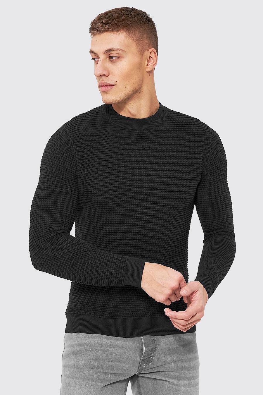 Muscle-Fit Pullover in Waffeloptik, Black image number 1