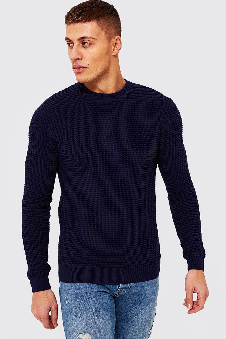 Navy Muscle Fit Waffle Stitch Jumper