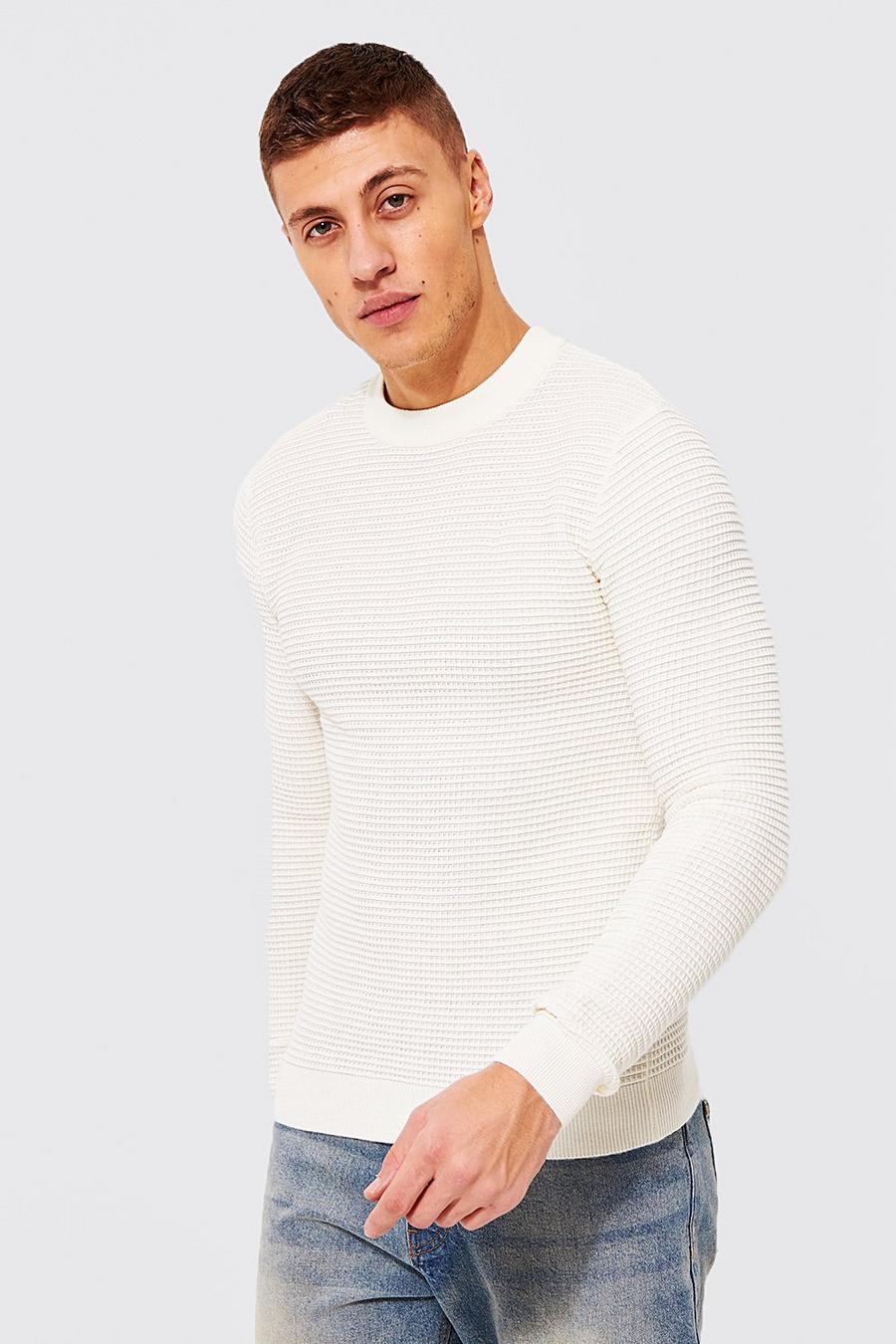 Cream vit Muscle Fit Waffle Stitch Jumper image number 1