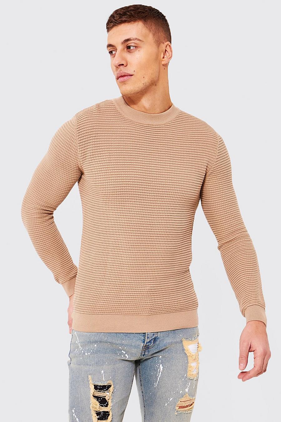 Taupe Muscle Fit Waffle Stitch Jumper image number 1