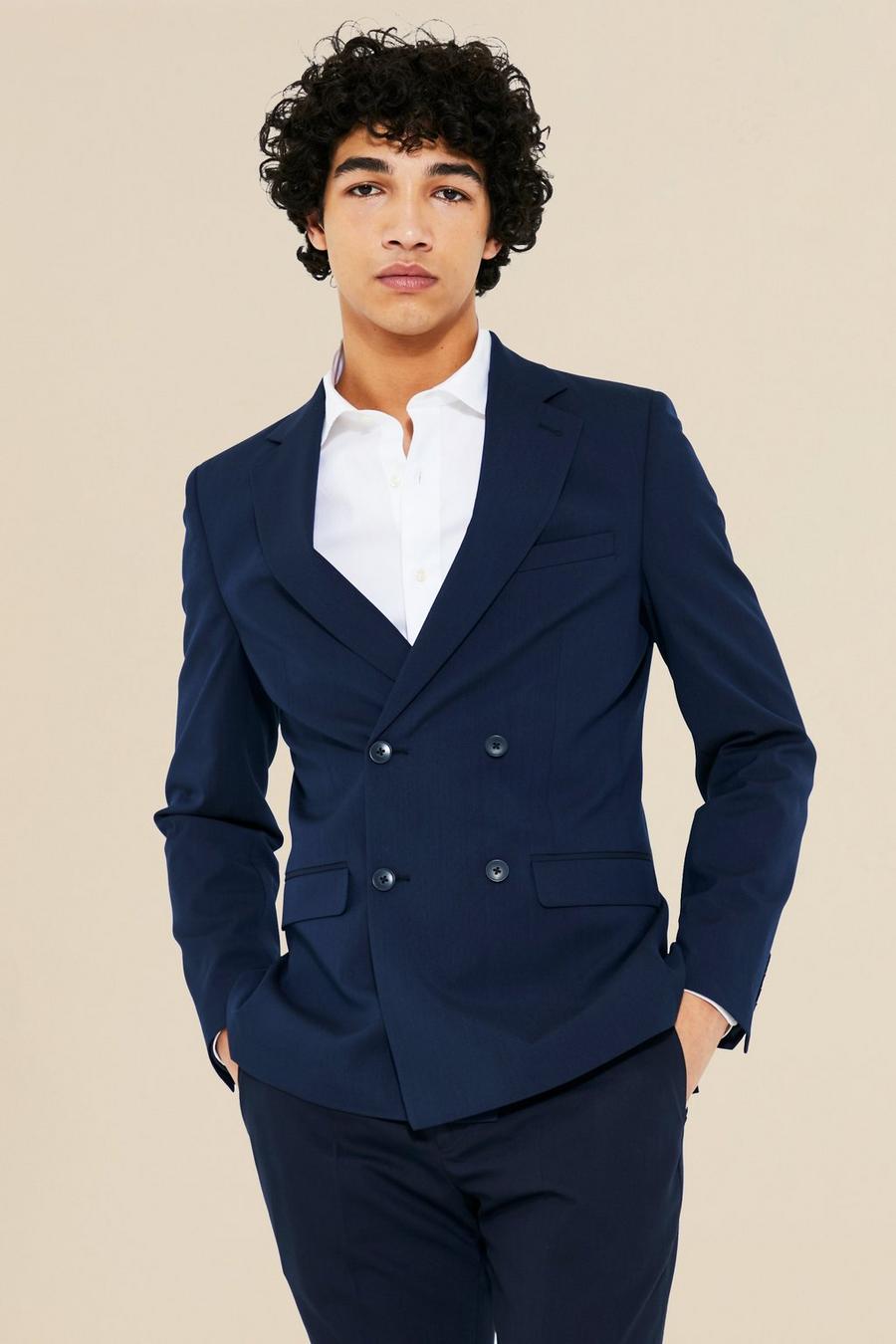 Navy marinblå Skinny Double Breasted Suit Jacket image number 1
