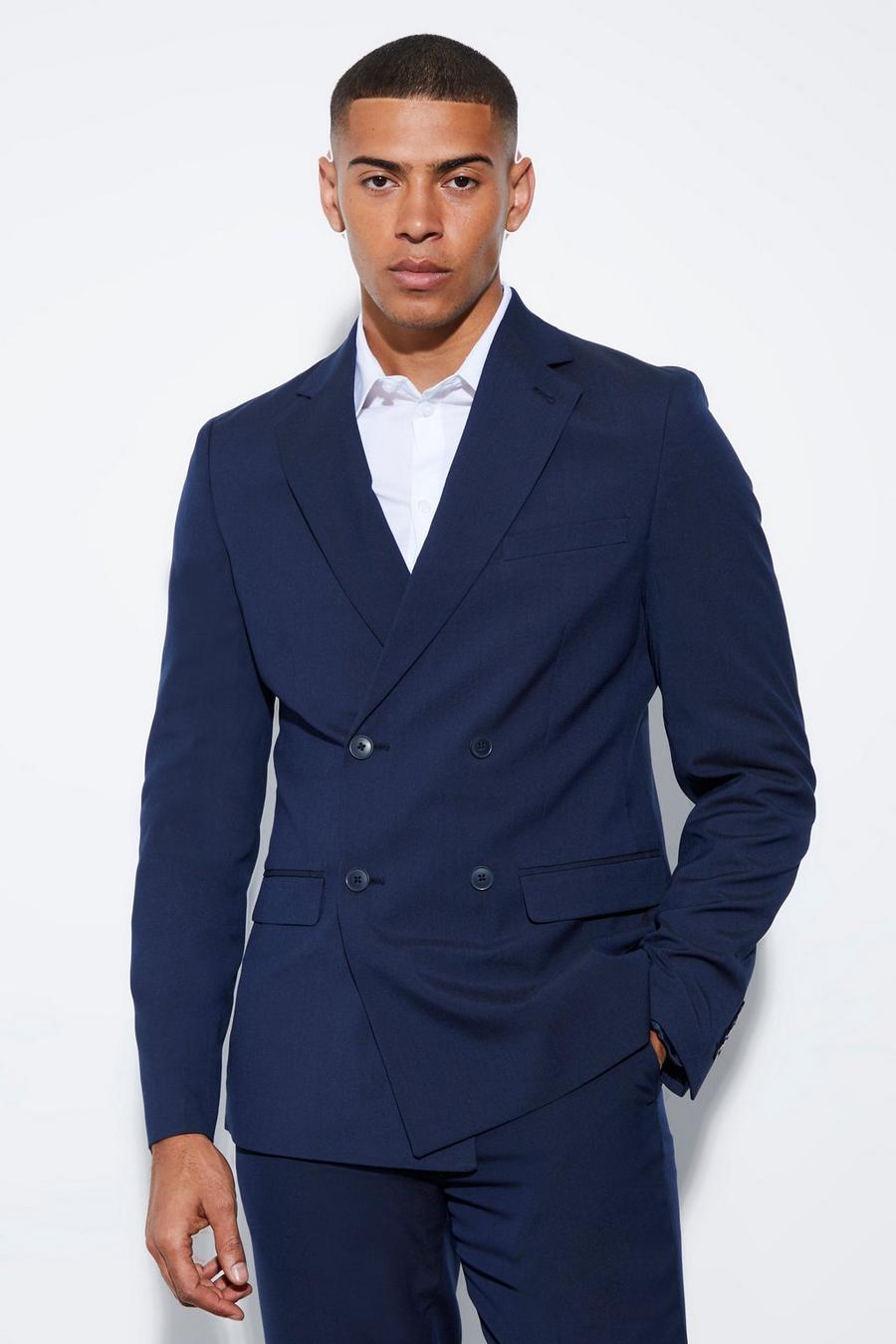 Navy blu oltremare Slim Double Breasted Suit Jacket