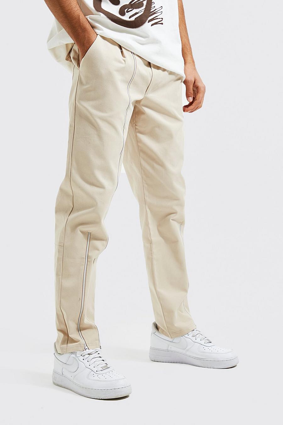 Stone beige Straight Leg Zip Detail Trousers 