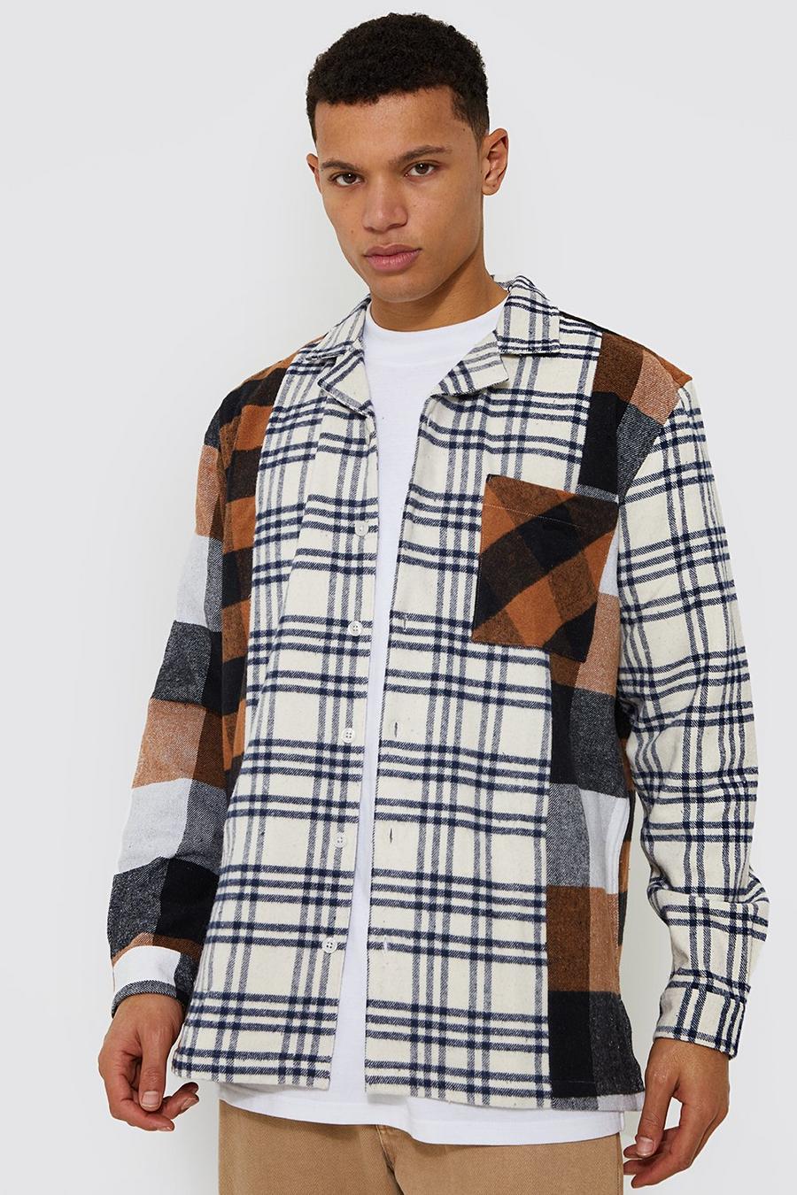 Brown Tall Spliced Revere Check Overshirt image number 1