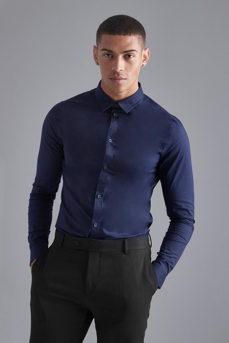 Camicia attillata a maniche lunghe, Navy blu oltremare image number 1
