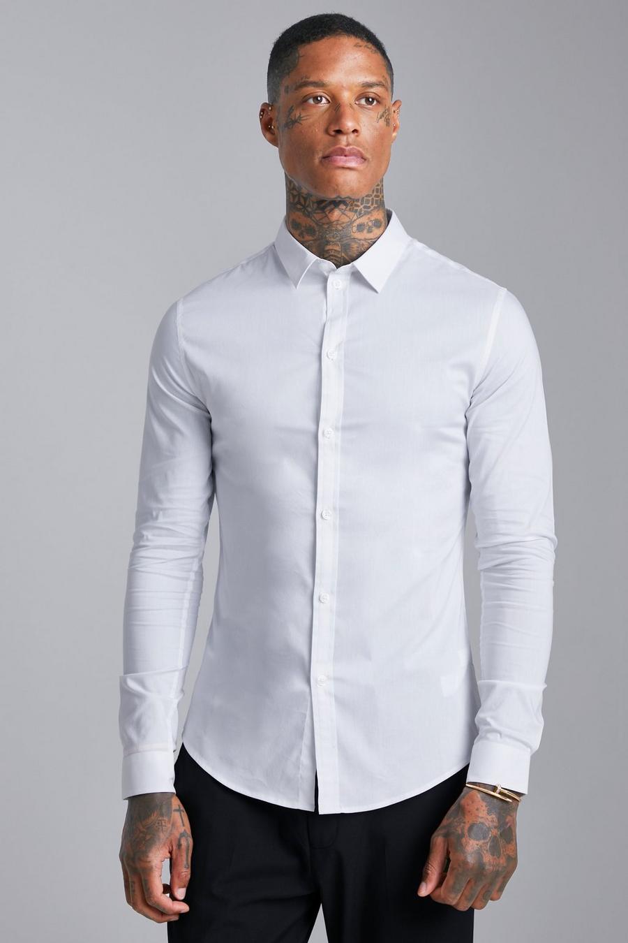 Camisa reciclada de manga larga ajustada al músculo, White blanco