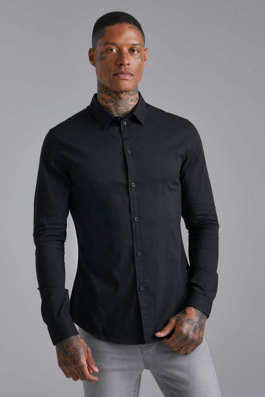 Camicia attillata a maniche lunghe, Black image number 1