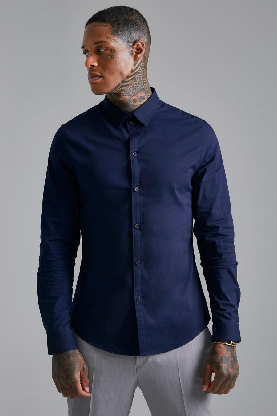 Recyceltes Slim-Fit Hemd mit langen Ärmeln, Navy marineblau