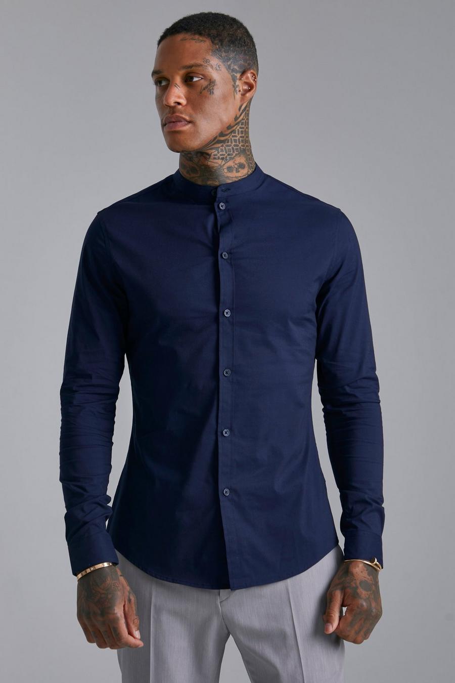 Camisa reciclada de manga larga ajustada al músculo con cuello mao, Navy azul marino image number 1