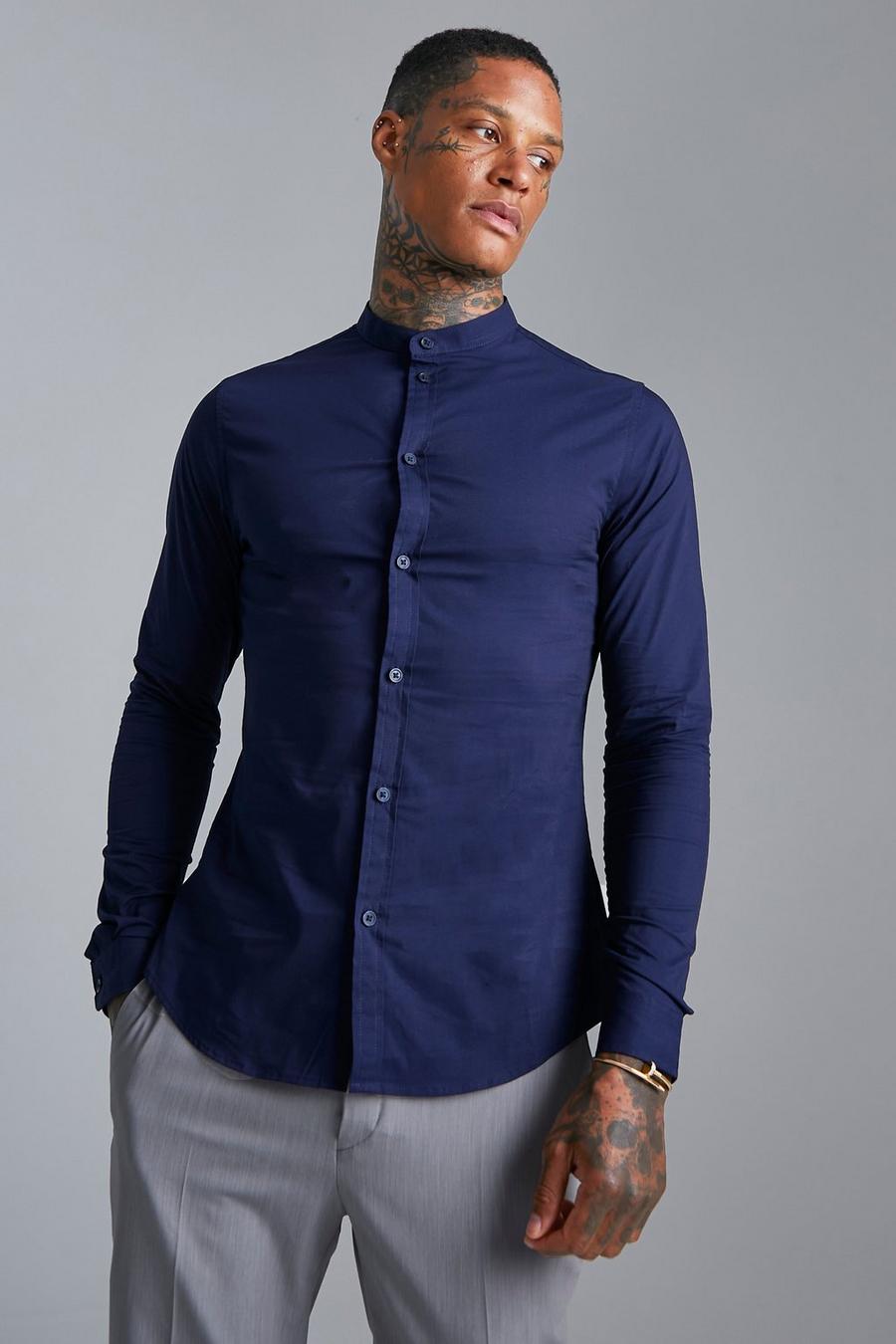 Camisa reciclada ajustada de manga larga con cuello mao, Navy azul marino image number 1