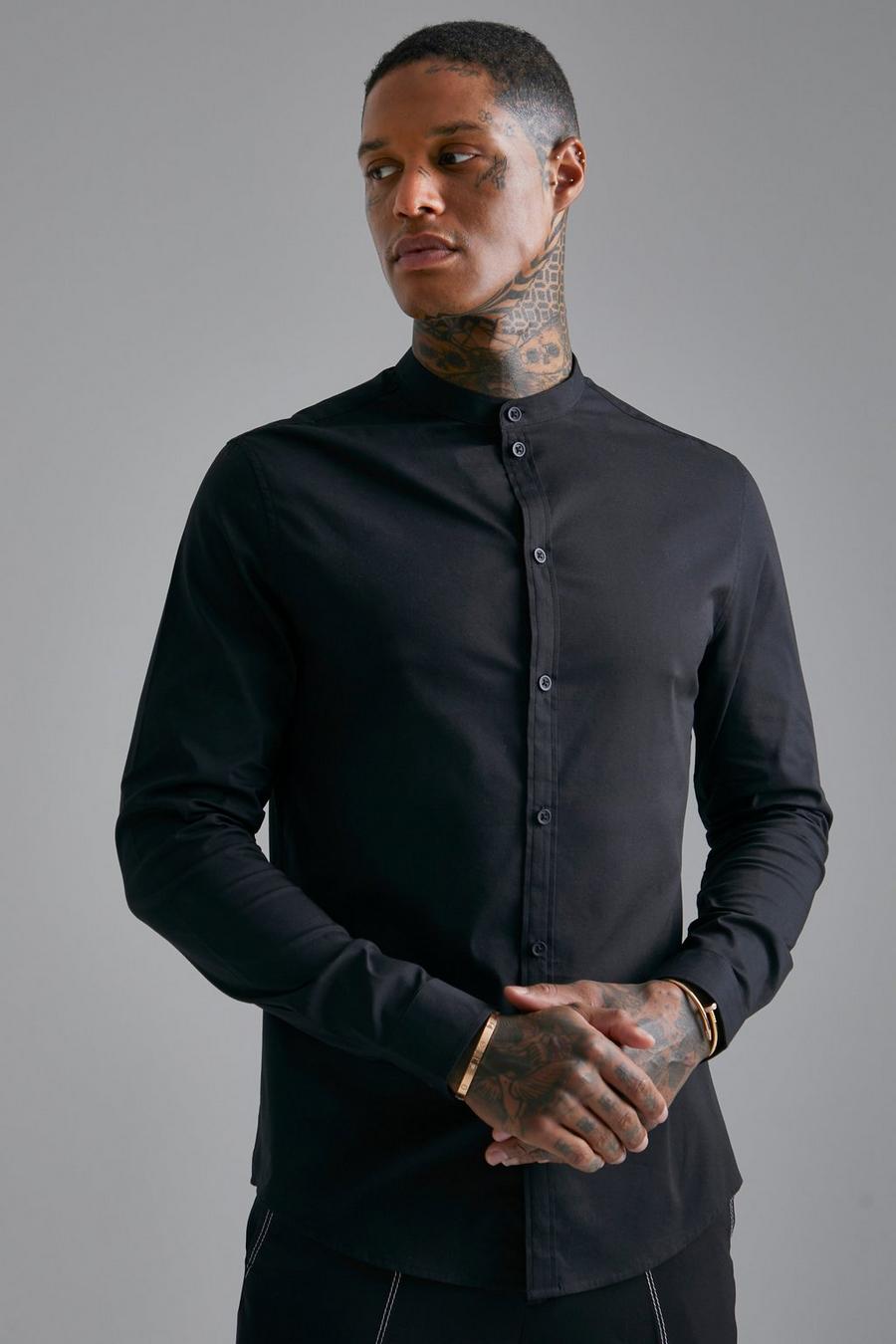 Black Gerecycled Slim Fit Opa Overhemd Met Lange Mouwen image number 1