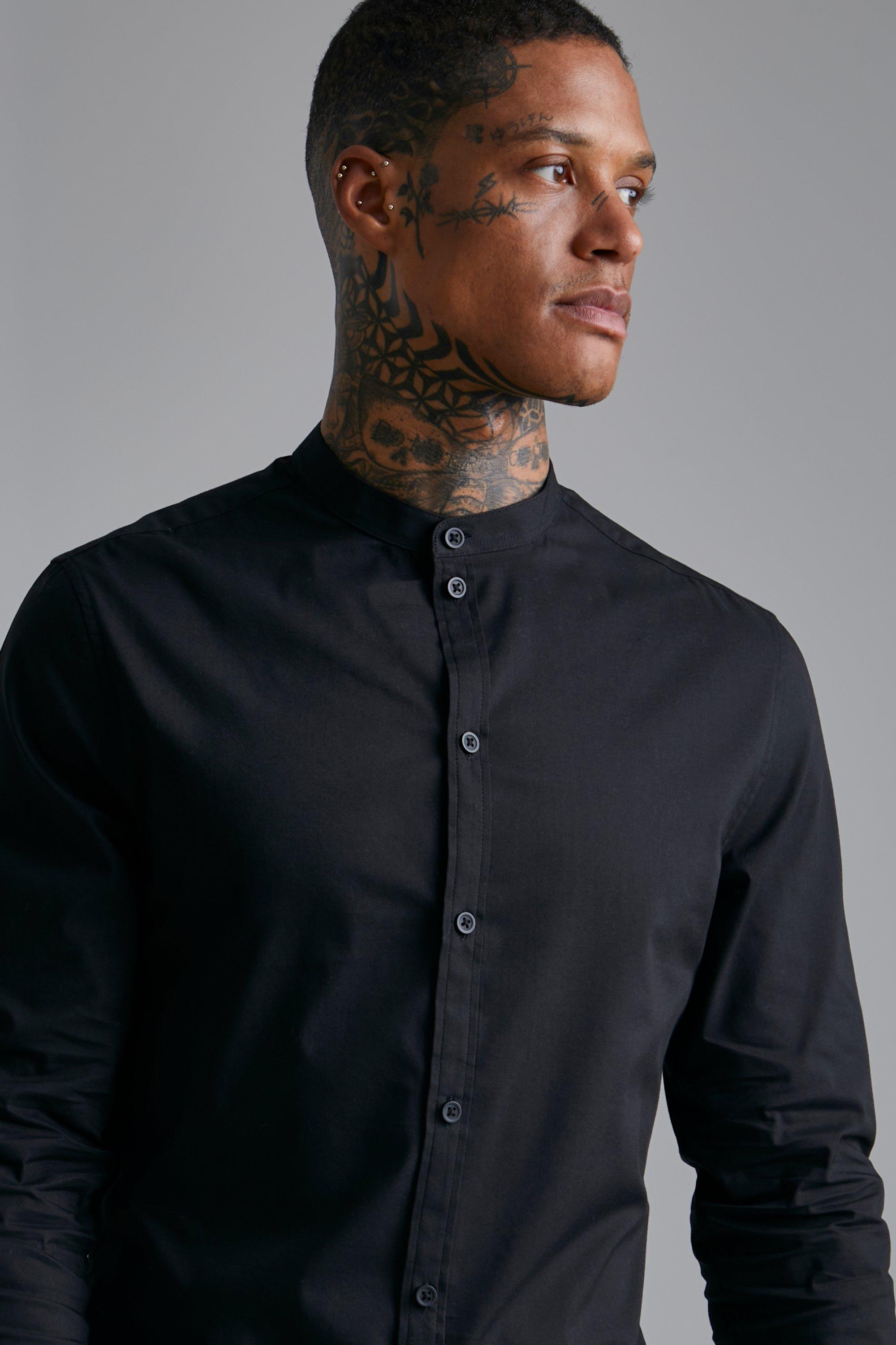 Mens black shop collarless shirt