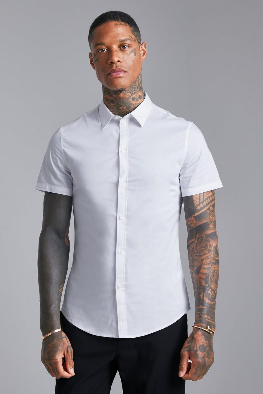 Camicia attillata a maniche corte, White bianco image number 1