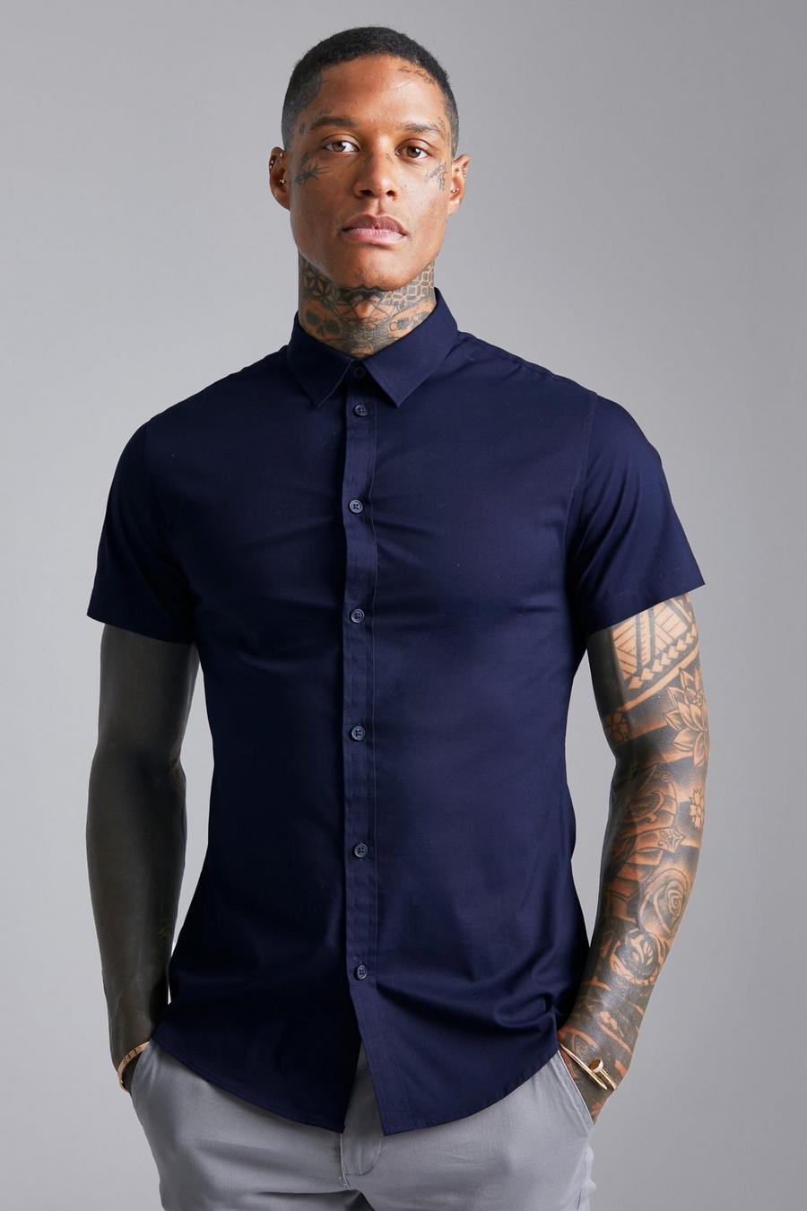 Camicia attillata a maniche corte, Navy blu oltremare image number 1