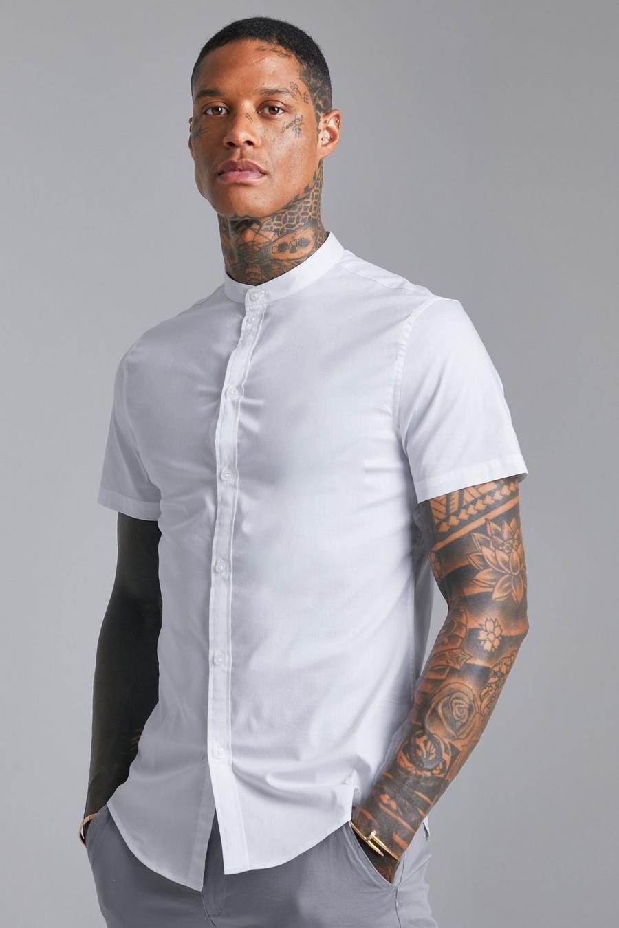 לבן חולצה בגזרה צמודה עם שרוולים קצרים וצווארון סבא image number 1