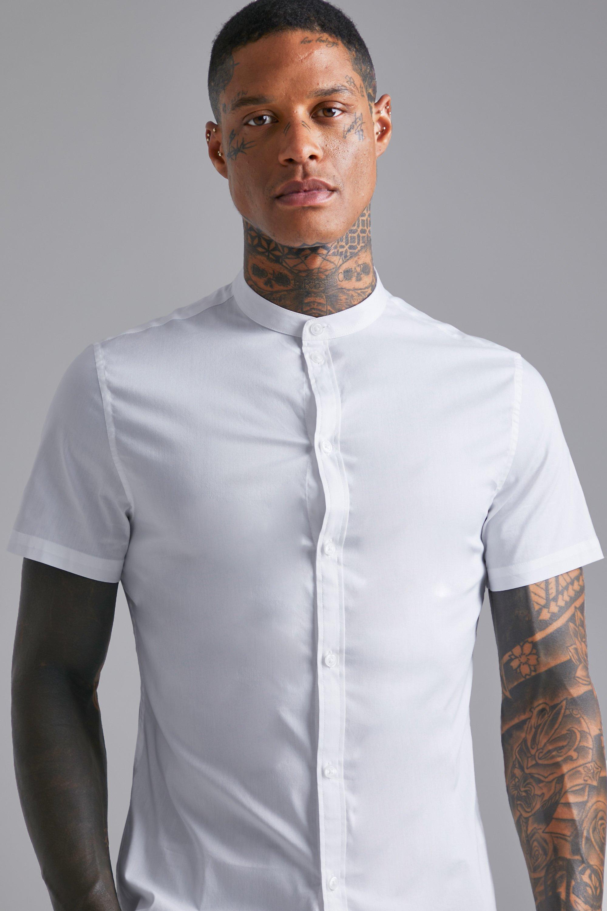 Mens white short hot sale sleeve grandad shirt