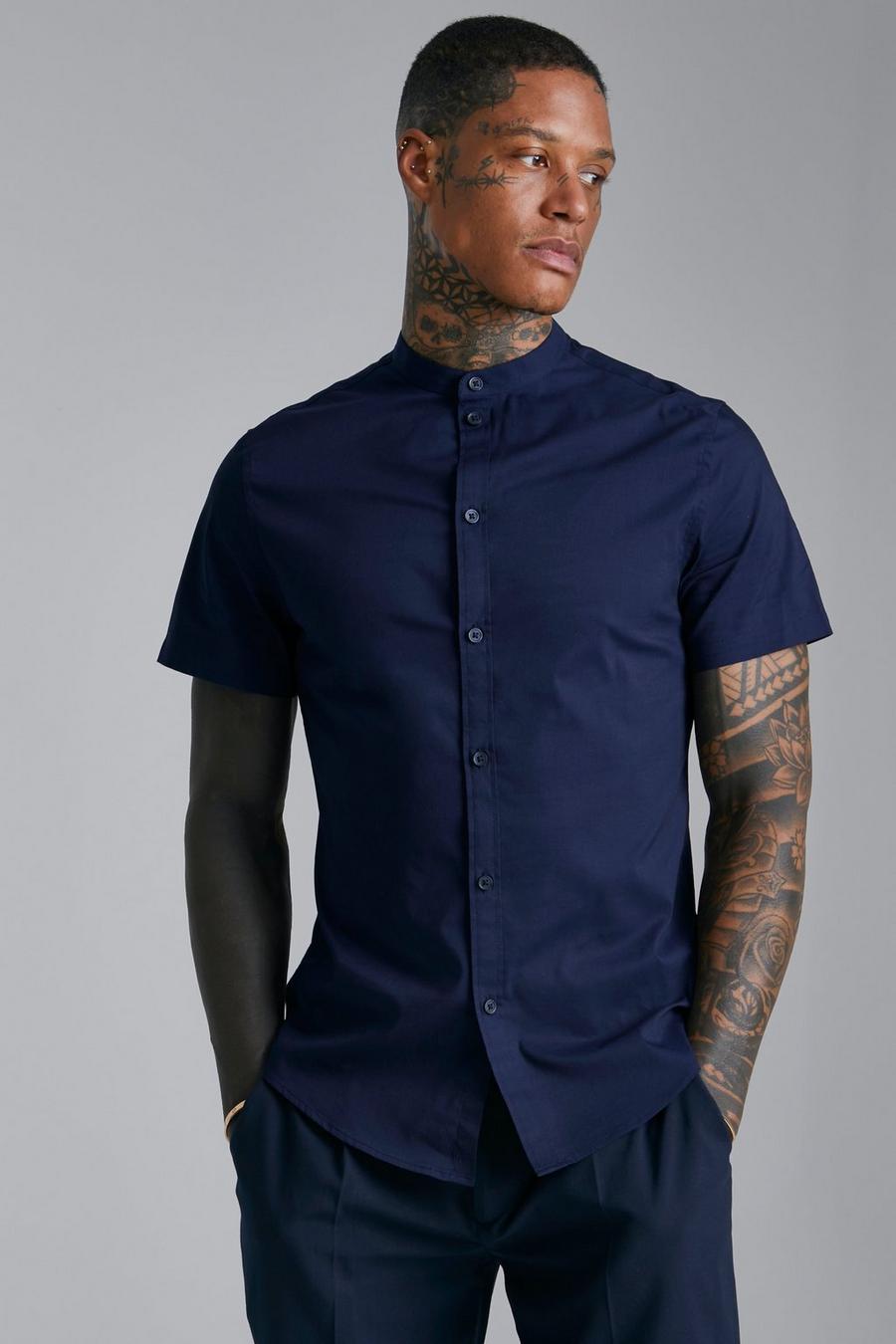 Kurzärmlig Slim-Fit Grandad-Hemd, Navy marineblau