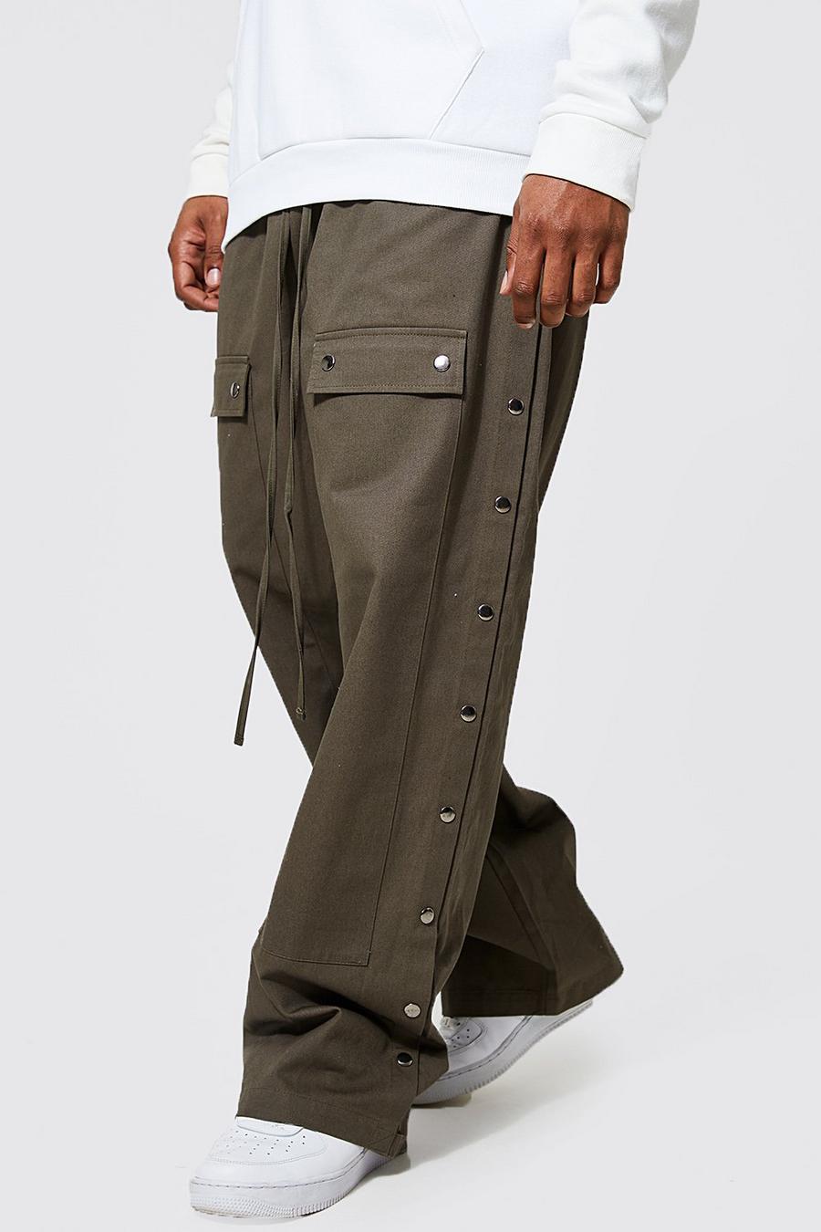 Khaki caqui מכנסי נגרים בגזרת רגל נערמת עם חפתי סקוץ', מידות גדולות image number 1