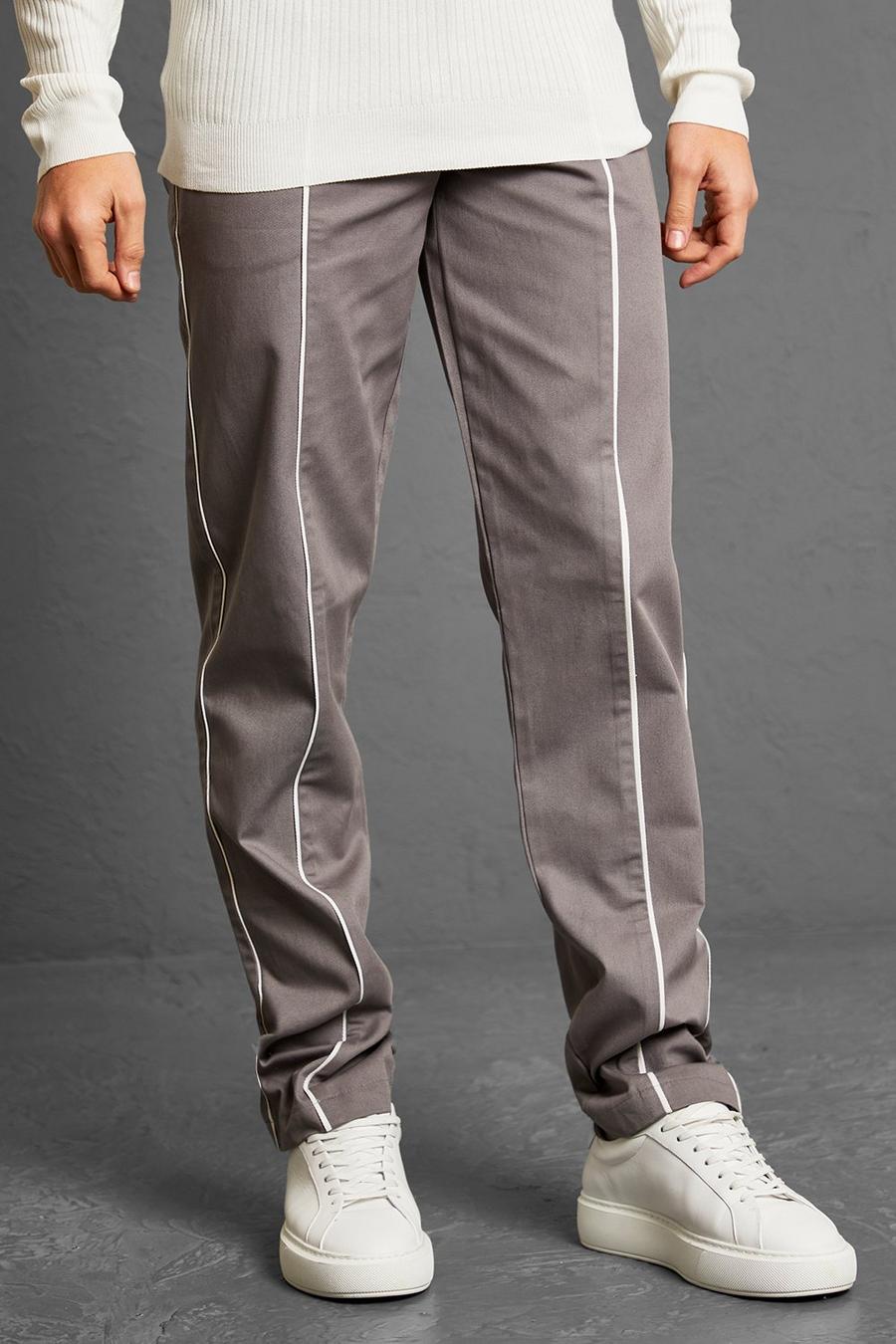 Grey Straight Leg Heavyweight Piped Trousers