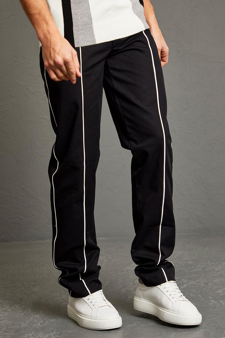 Black Straight Leg Heavyweight Piped Trousers  image number 1