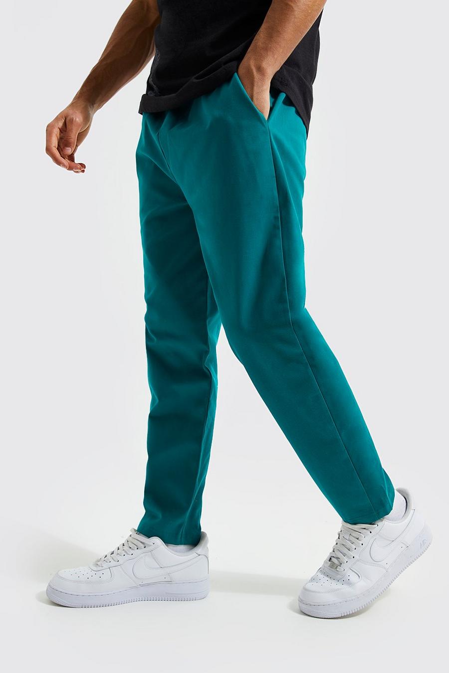 Green Tapered Fit Extended Drawcord Twill Trousers 