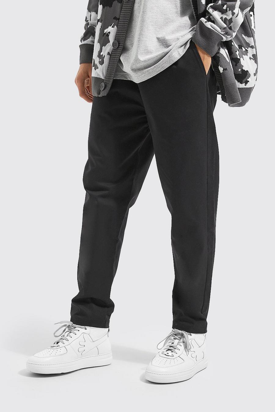 Black Tapered Fit Extended Drawcord Twill Trousers 