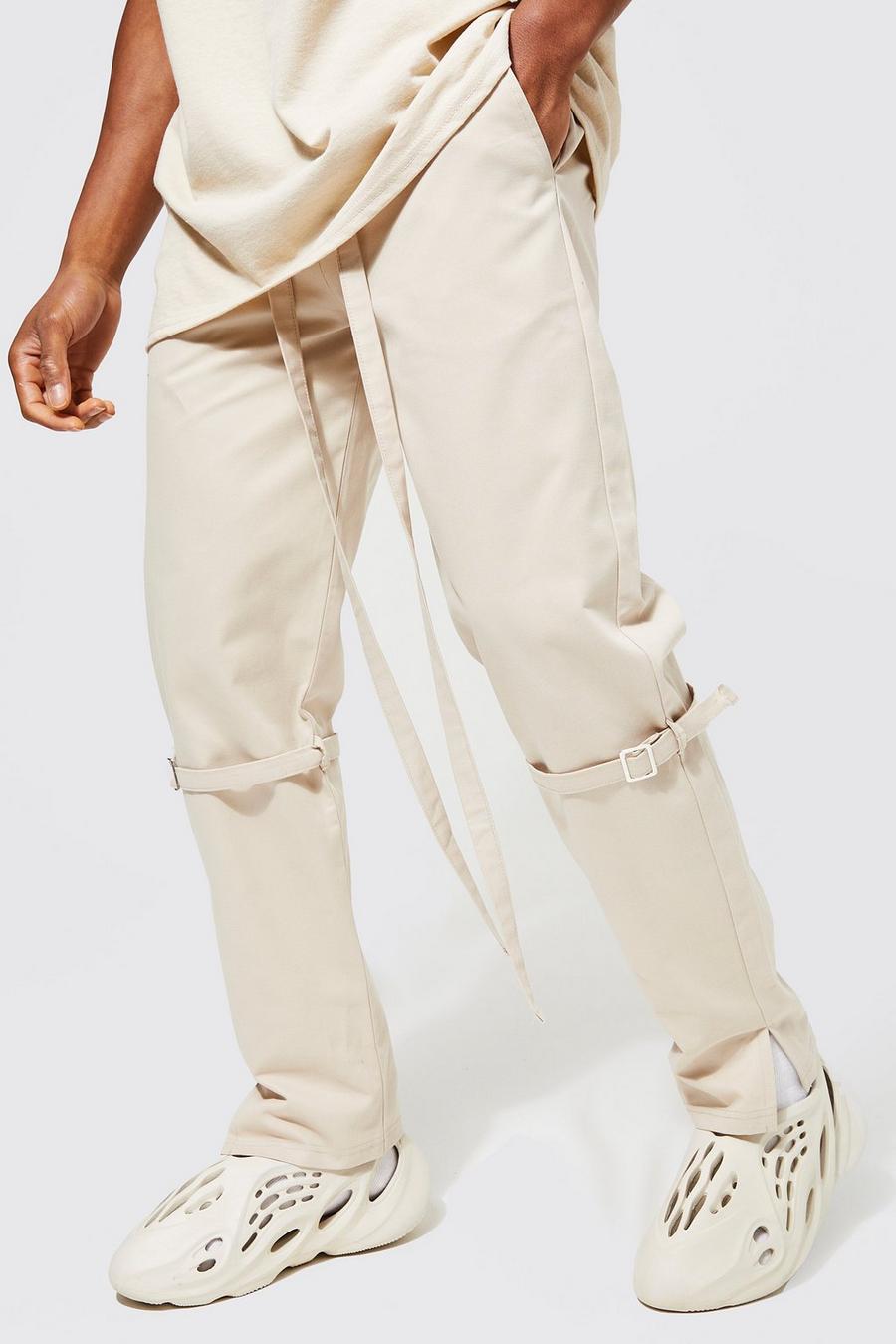 Stone Straight Leg Tape Detail Twill Trousers image number 1