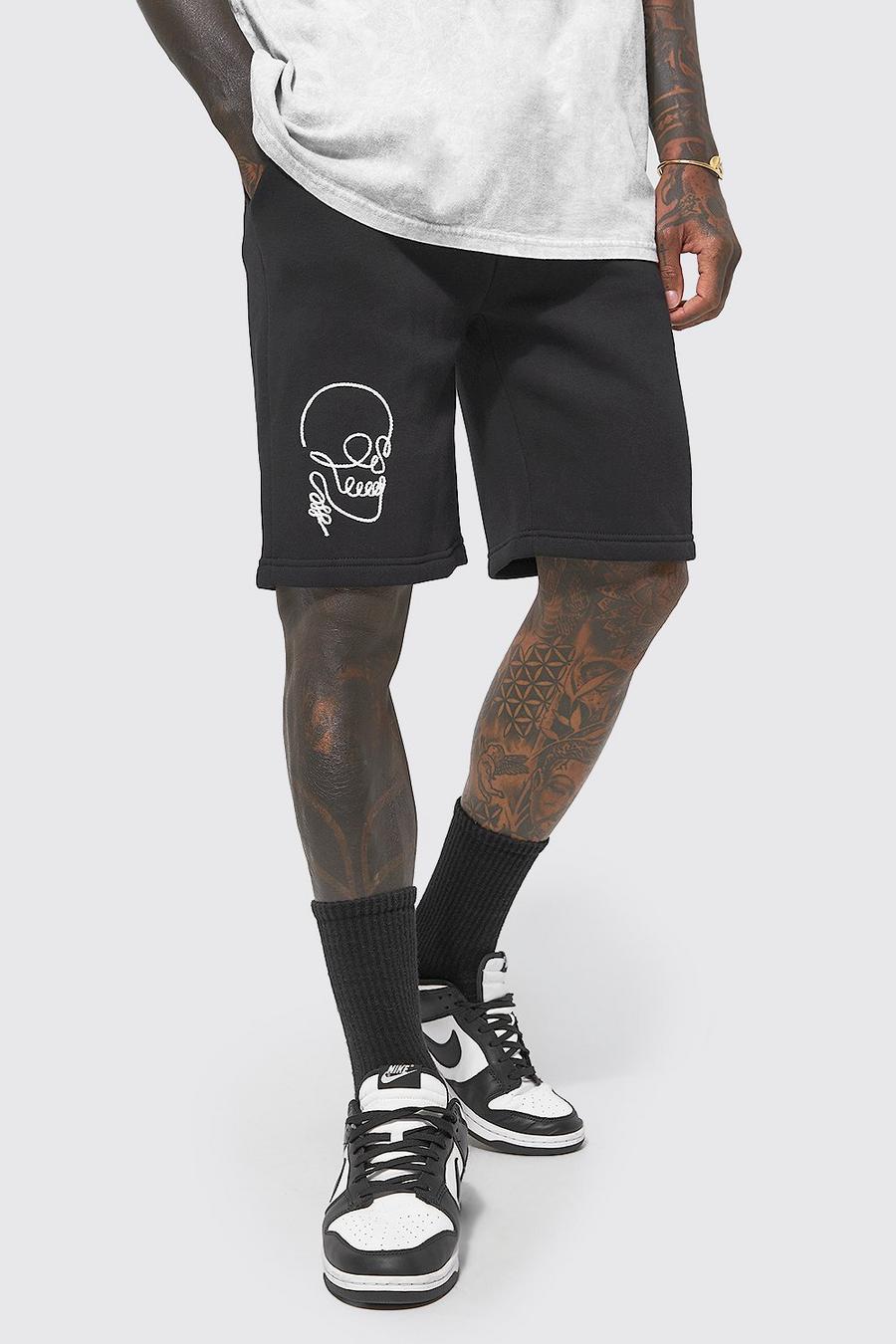 Black Slim Fit Mid Length Skull Embroidered Shorts