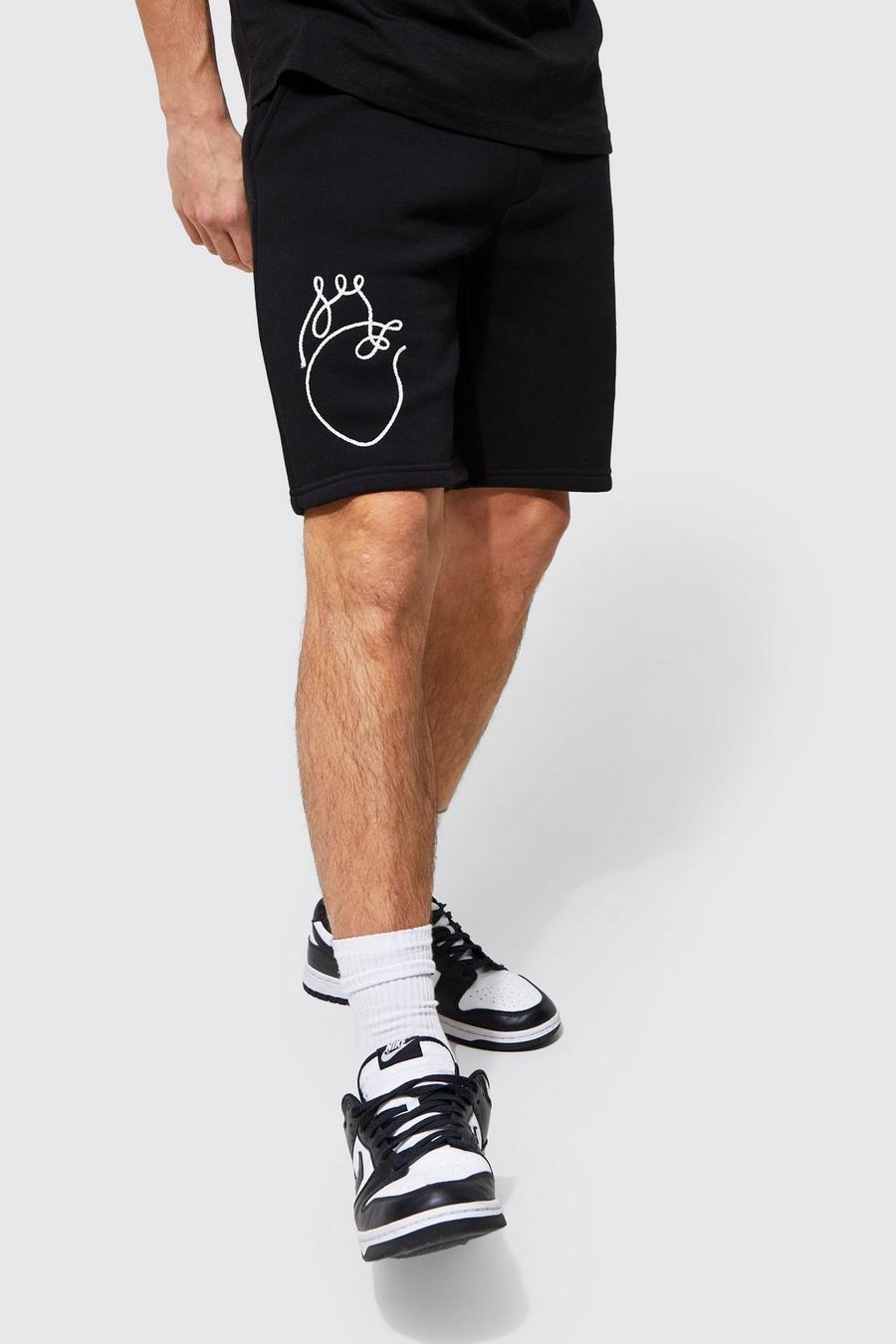 Black Slim Fit Mid Length Heart Embroidered Shorts image number 1
