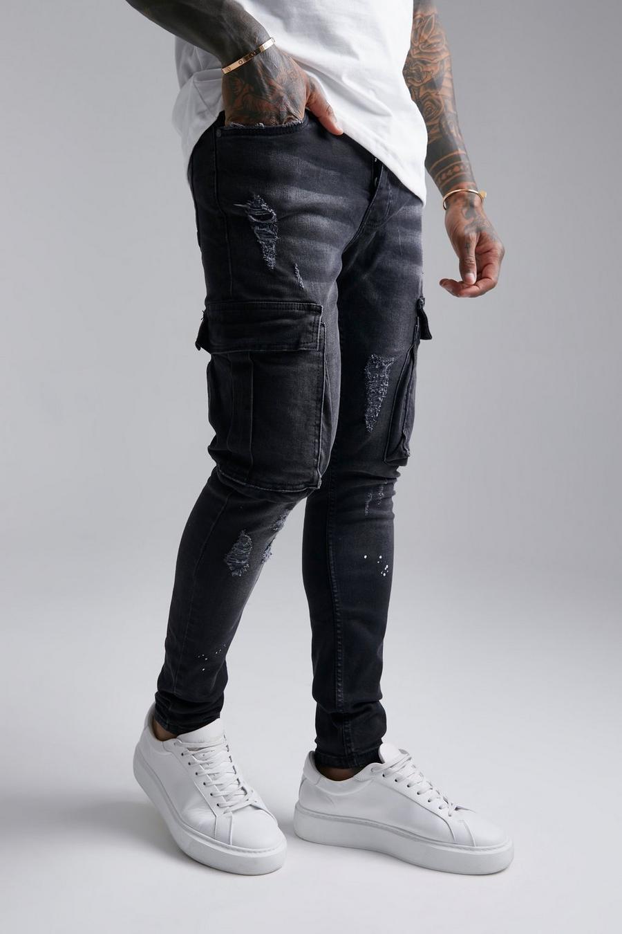 Jeans Cargo Super Skinny Fit con schizzi di colore, Washed black