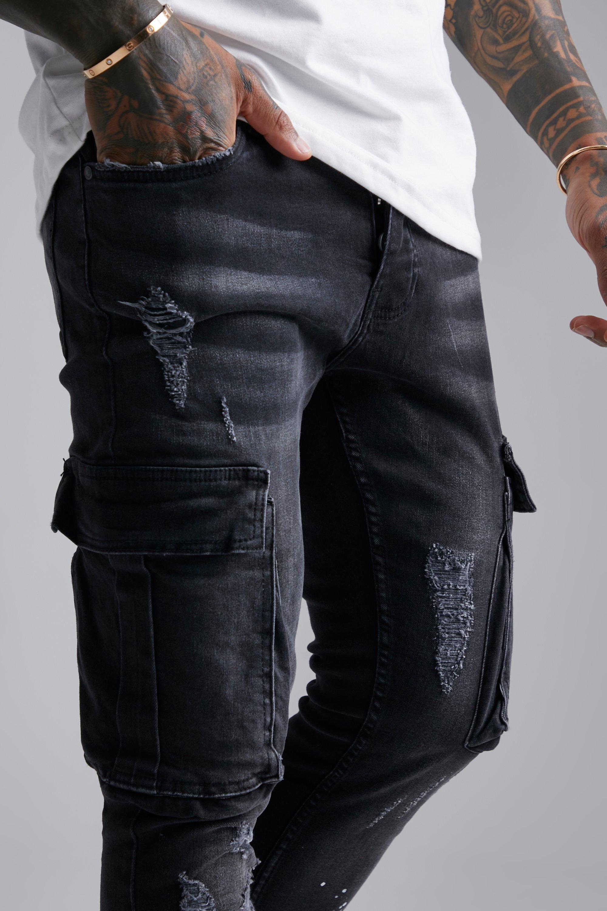 Super Skinny Cargo Jeans With Paint Splatter |