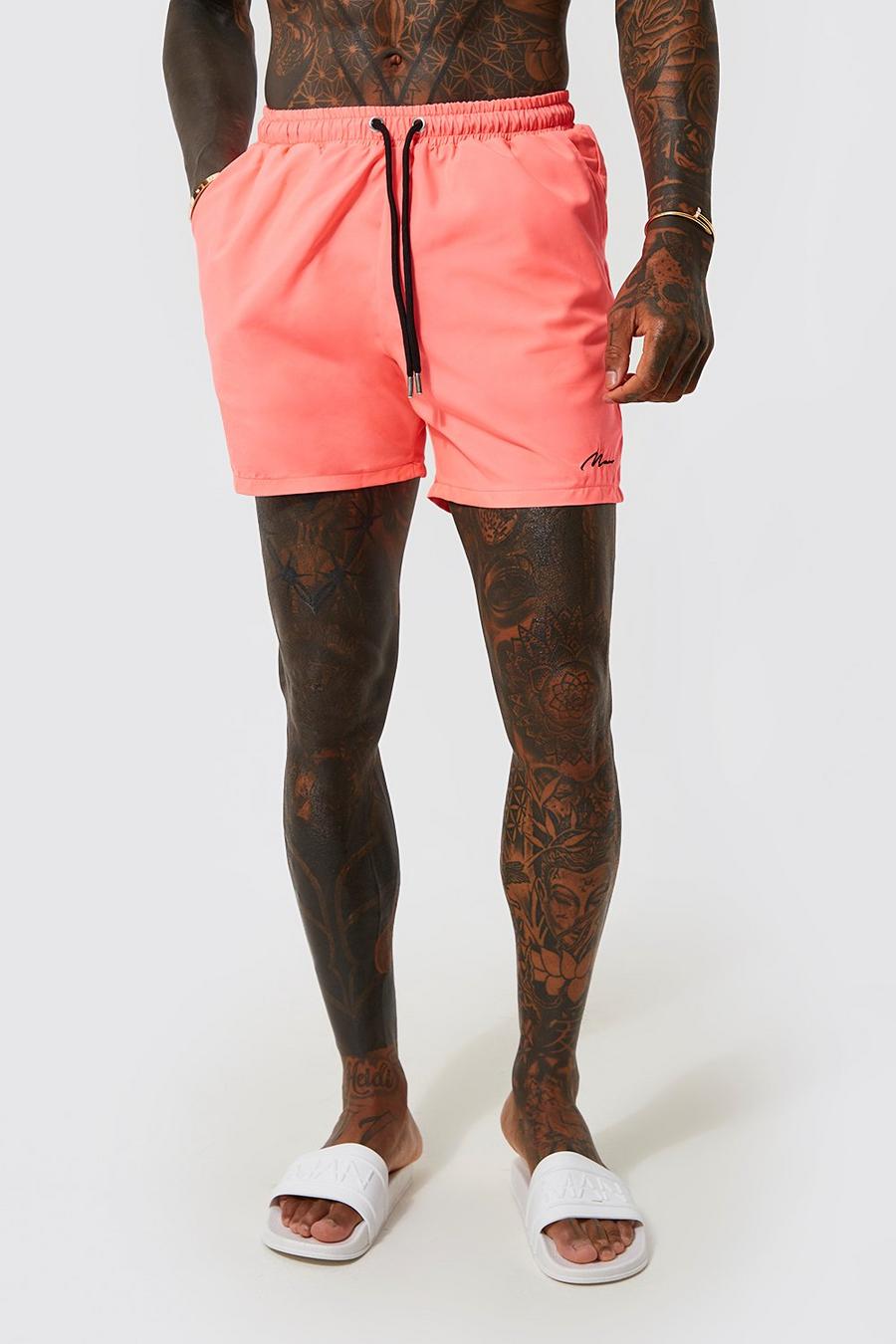 Neon-pink Man Signature Mid Length Swim Shorts image number 1