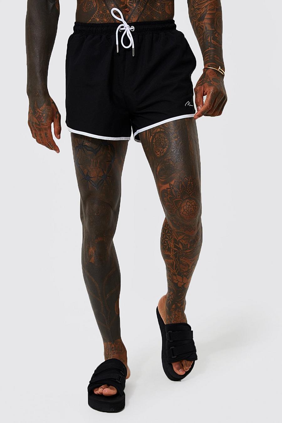 שחור negro שורט בגד ים בסגנון מכנסי ריצה עם חתימת Man מבד ממוחזר image number 1