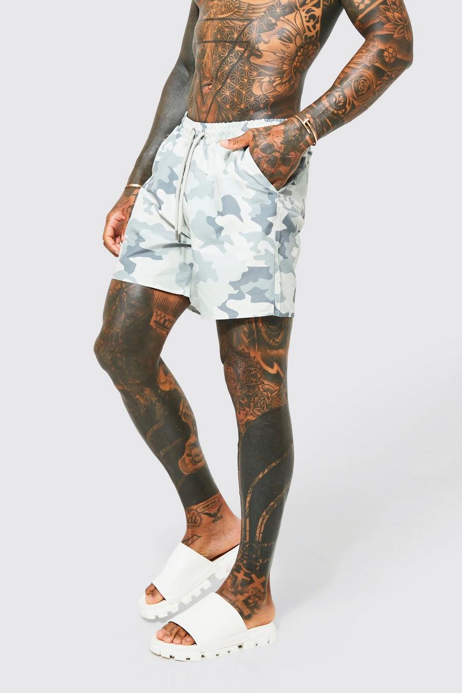 Light grey gris Recycled Camo Mid Length Swim Shorts