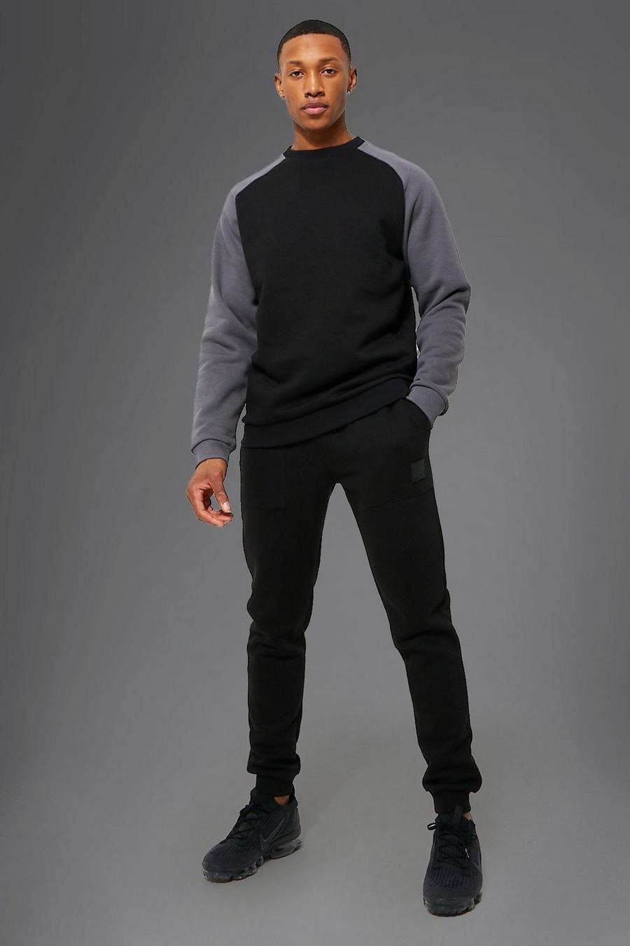 שחור nero חליפת טרנינג סווטשירט ספורטיבית בצבעים מנוגדים עם כיתוב Man