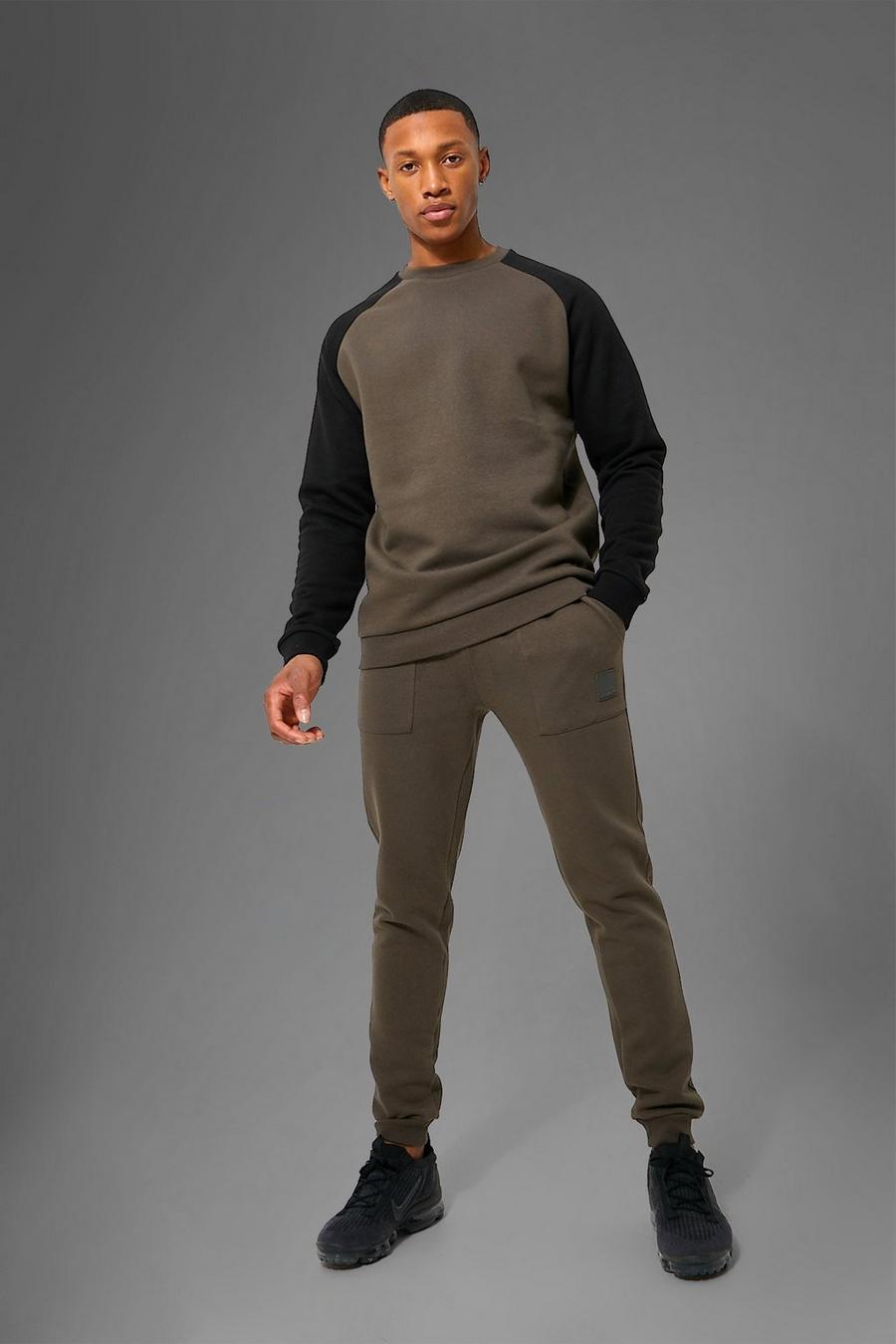 Khaki Man Active Contrast Sweater Tracksuit image number 1