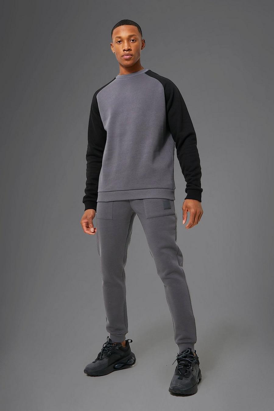 פחם gris חליפת טרנינג סווטשירט ספורטיבית בצבעים מנוגדים עם כיתוב Man image number 1