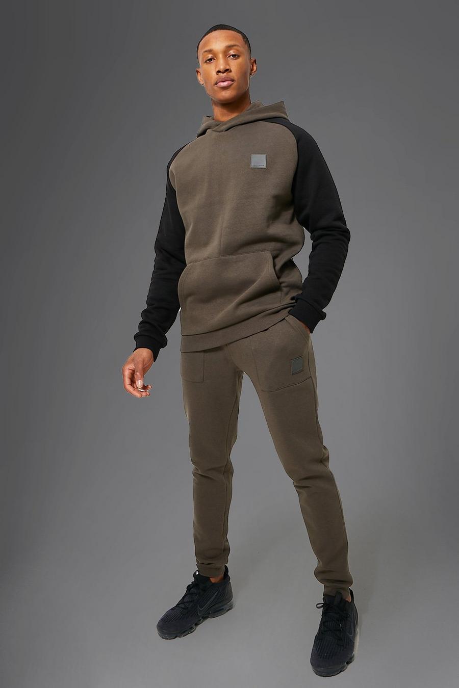 Khaki Man Active Contrast Hooded Tracksuit image number 1