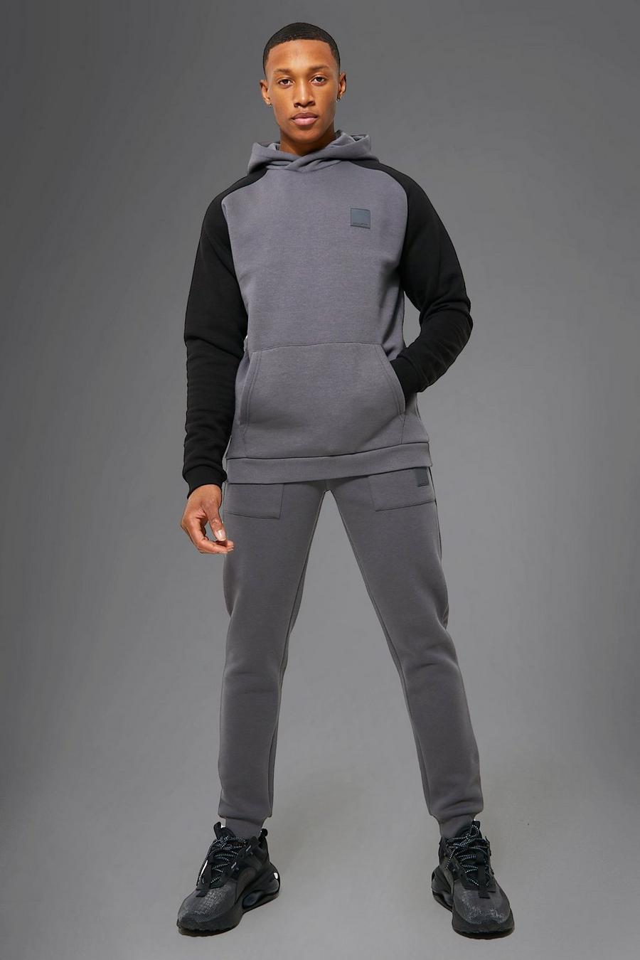 Charcoal Man Active Contrast Hooded Tracksuit image number 1
