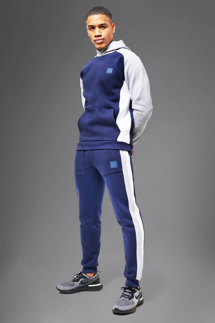 Tuta sportiva Man Active a blocchi di colore con cappuccio, Navy blu oltremare