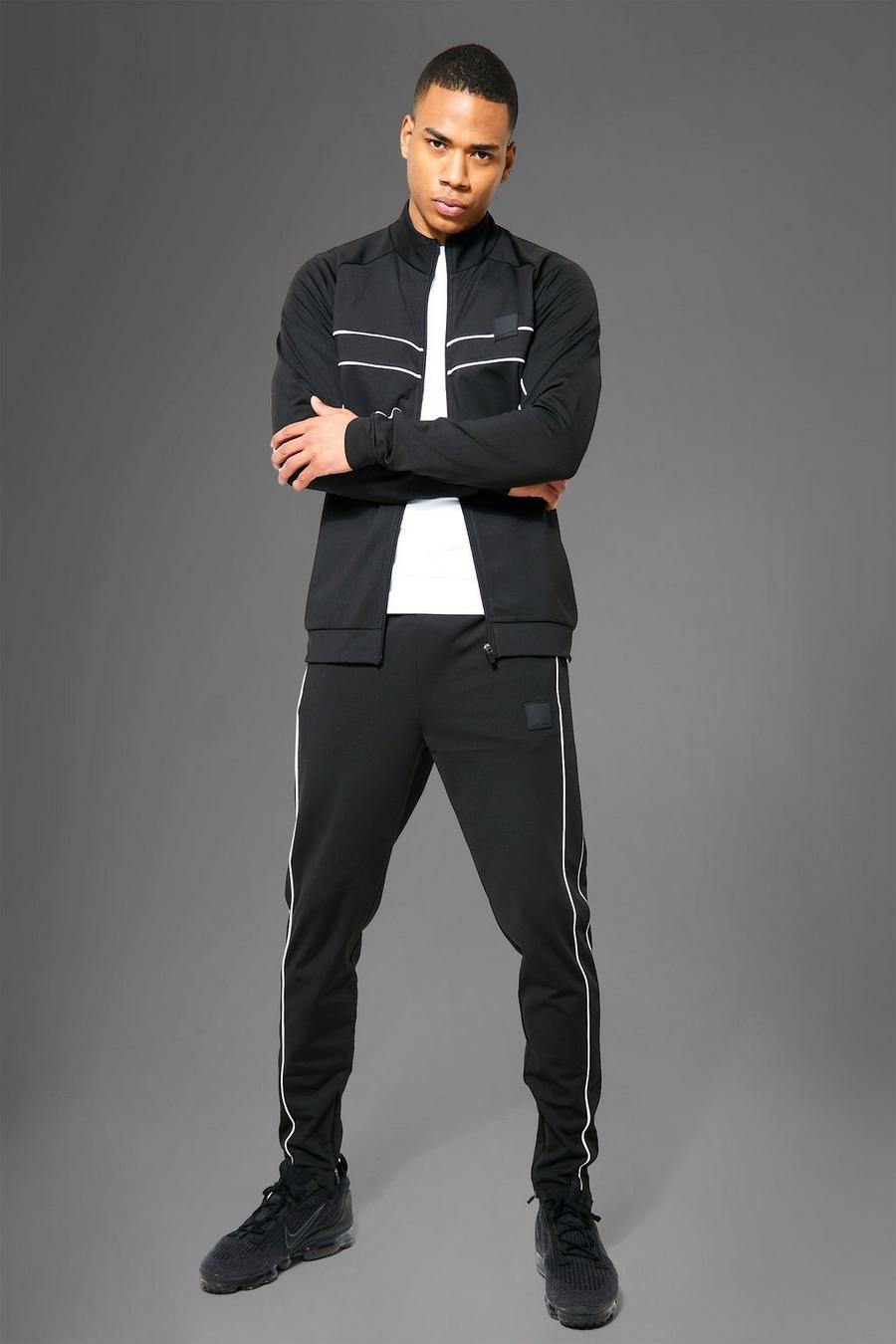 Black חליפת טרנינג עם פסים דקים וצווארון משפך, סדרת Man Active