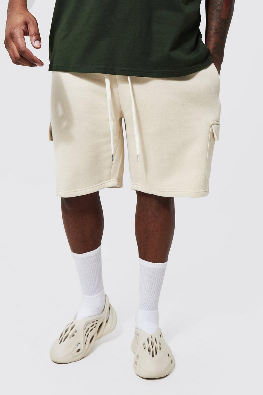 Stone beige Plus Cargo Jersey Shorts With Extended Drawcords