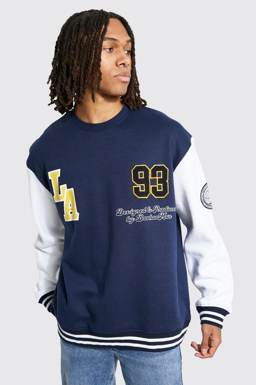 Navy Oversized La Applique Varsity Sweatshirt image number 1